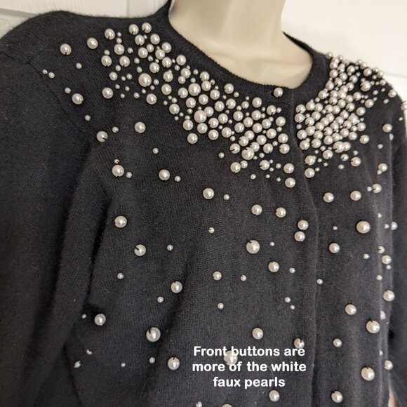 Express Tricot black sweater, White faux pearl trim Made British Crown Hong Kong - Picture 15 of 17